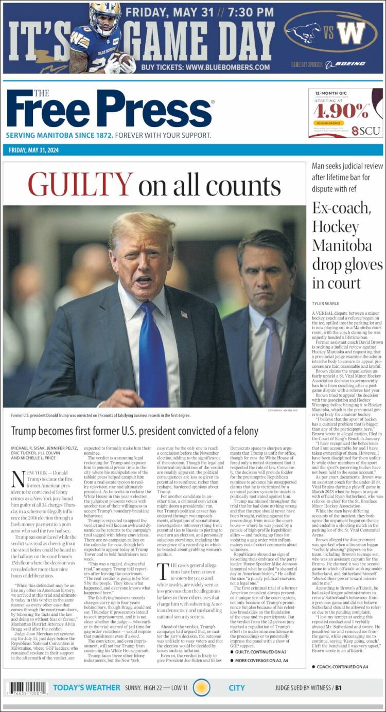 Portada de Winnipeg Free Press (Canadá)