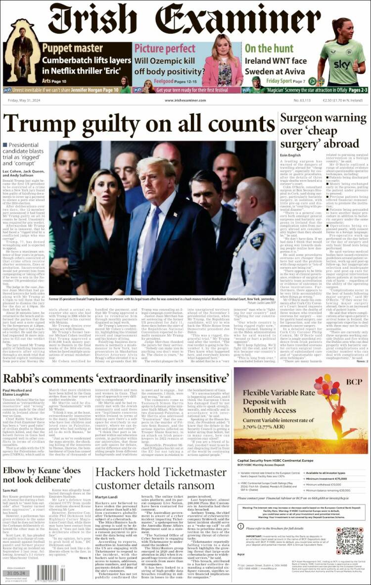 Portada de Irish Examiner (Irlanda)