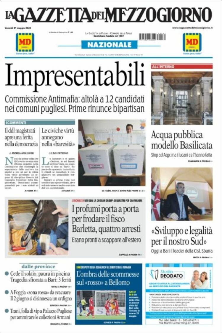 Portada de La Gazzetta del Mezzogiorno (Italia)