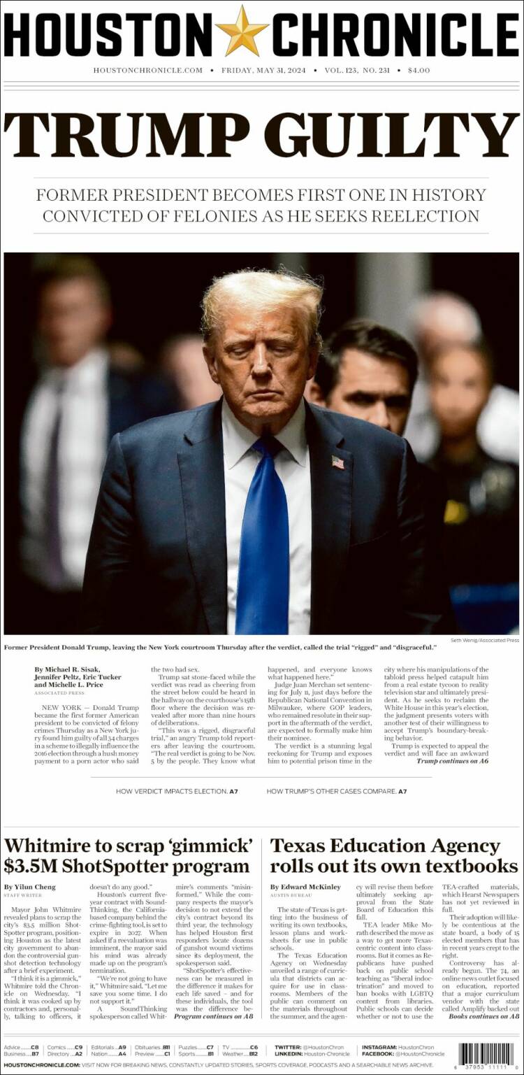 Portada de Houston Chronicle (USA)