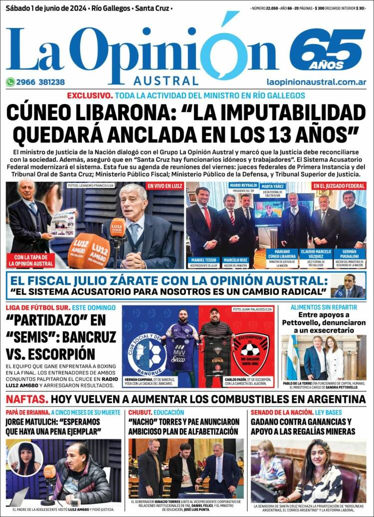 Portada de La Opinión Austral (Argentina)