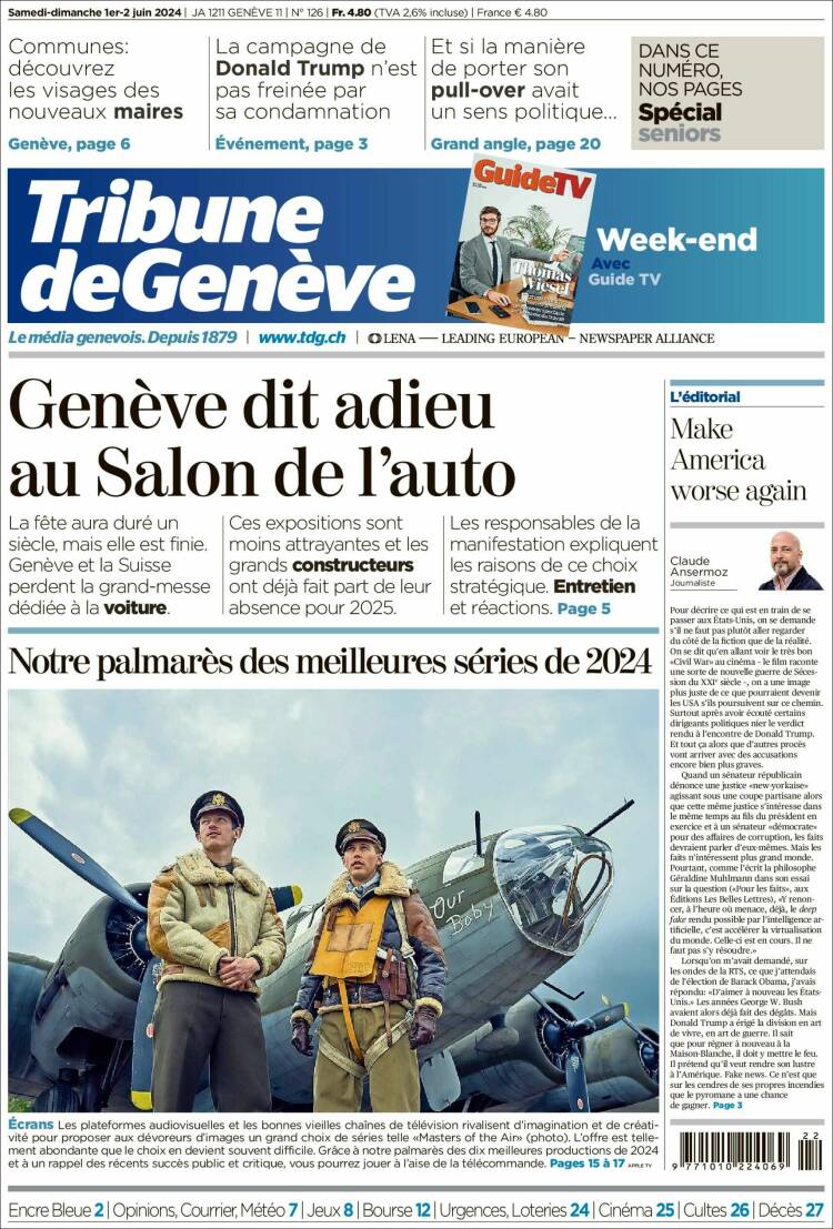 Portada de La Tribune de Genève (Suiza)