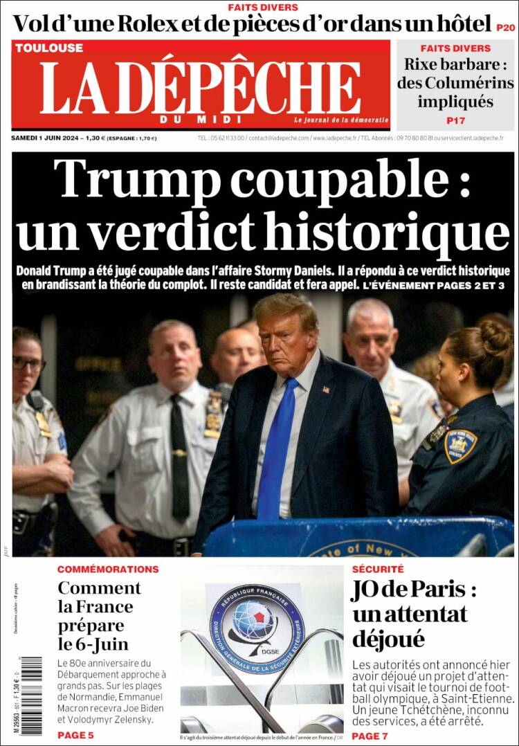 Portada de La Dépêche du Midi (Francia)