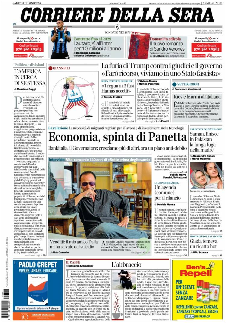 Portada de Corriere della Sera (Italia)