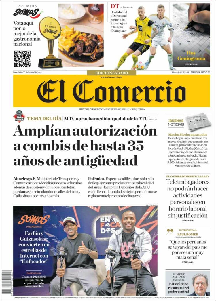 Portada de El Comercio (Per&uacute;)