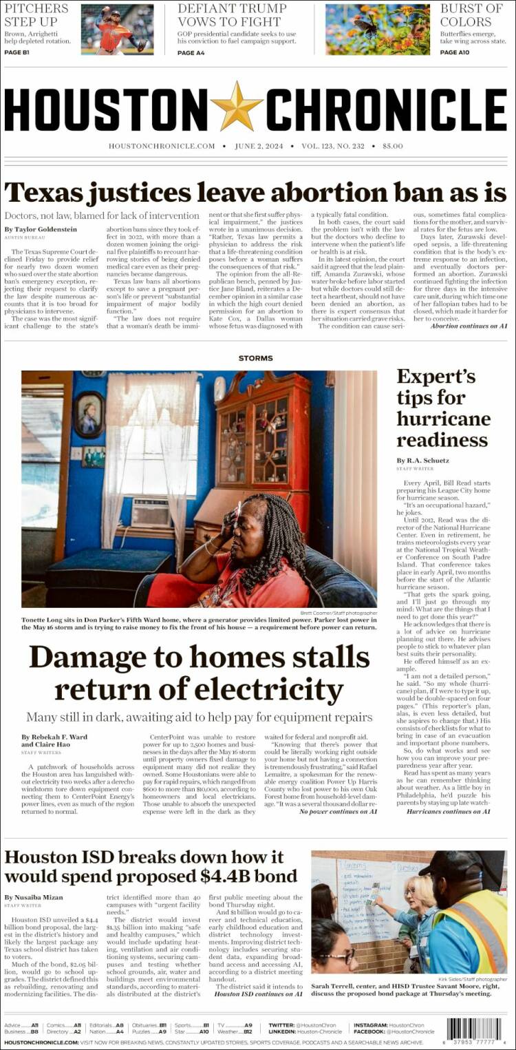 Portada de Houston Chronicle (USA)