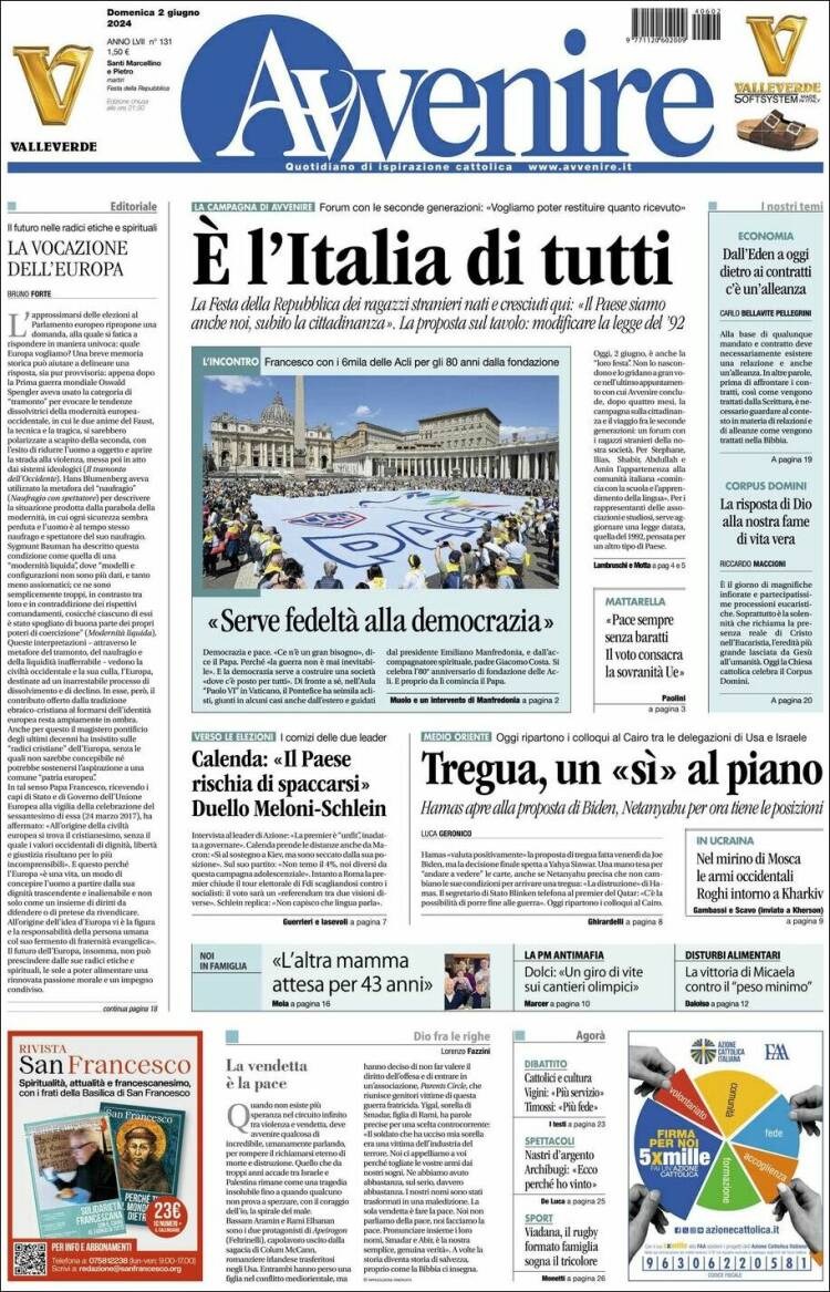 Portada de Avvenire (Italia)