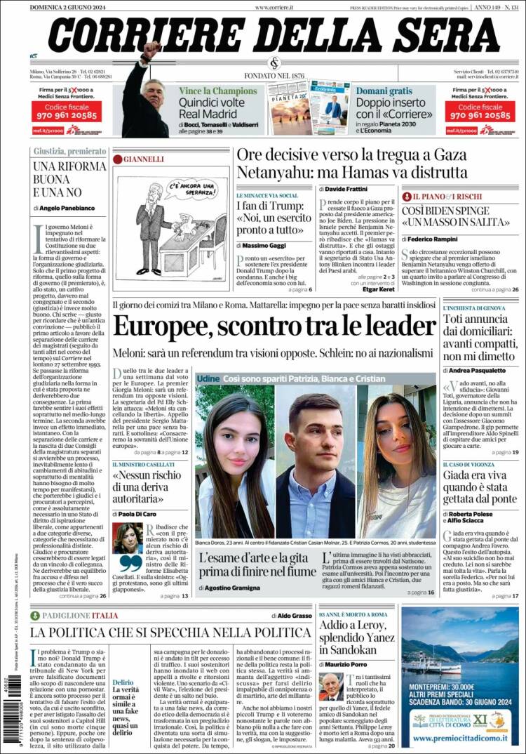 Portada de Corriere della Sera (Italia)