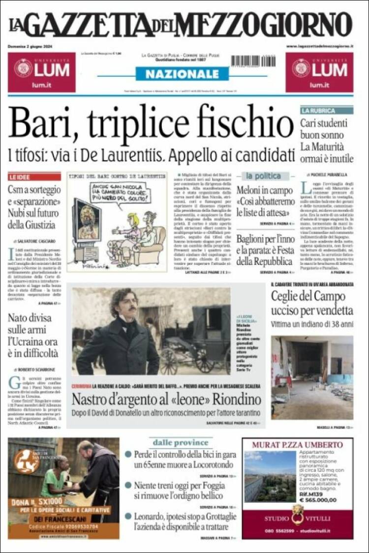 Portada de La Gazzetta del Mezzogiorno (Italia)