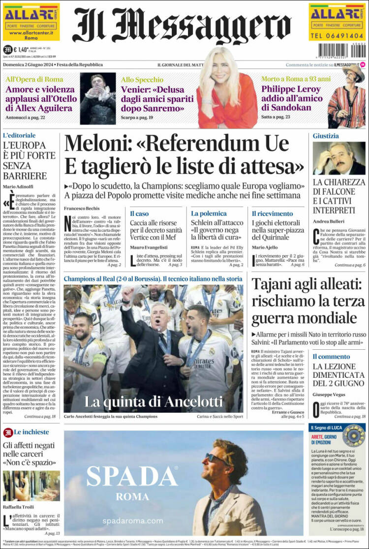 Portada de Il Messaggero (Italia)