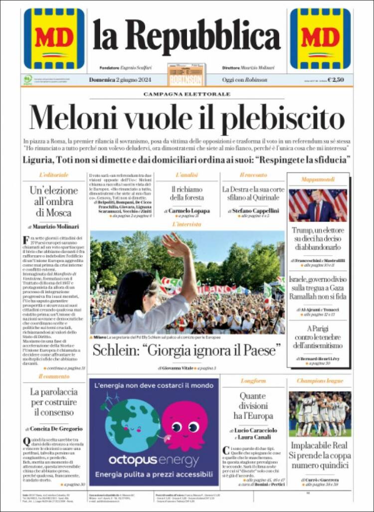 Portada de La Repubblica (Italia)