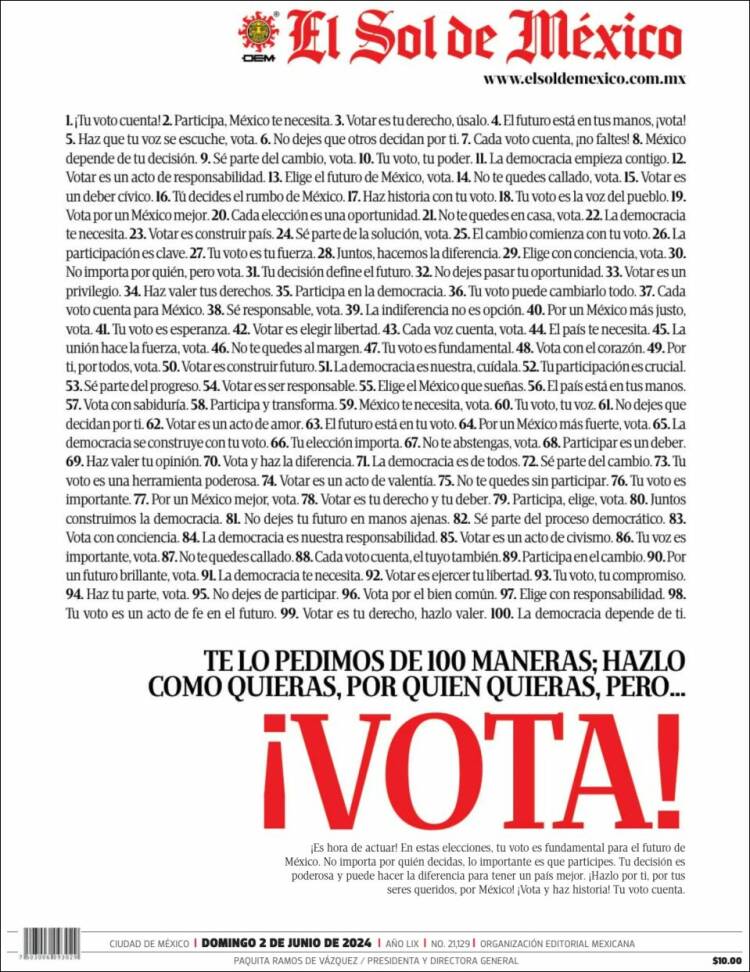 Portada de El Sol de México (M&eacute;xico)