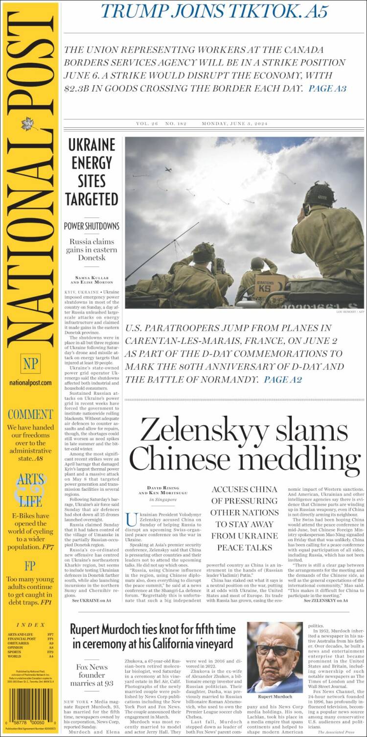 Portada de The National Post (Canadá)