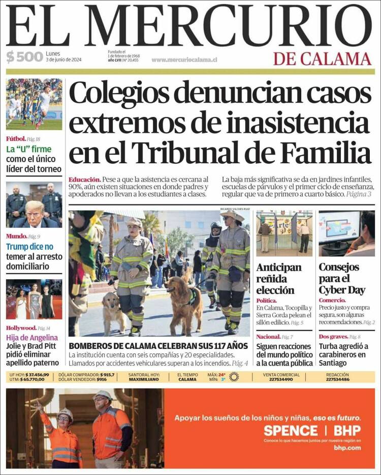 Portada de El Mercurio - Calama (Chile)