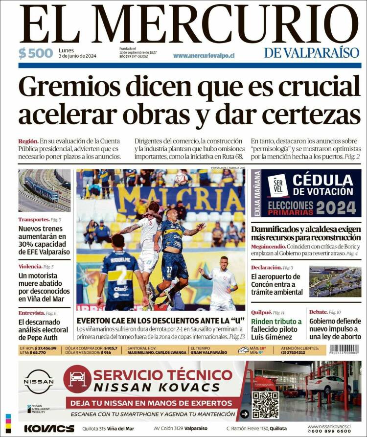 Portada de Mercurio de Valparaiso (Chile)