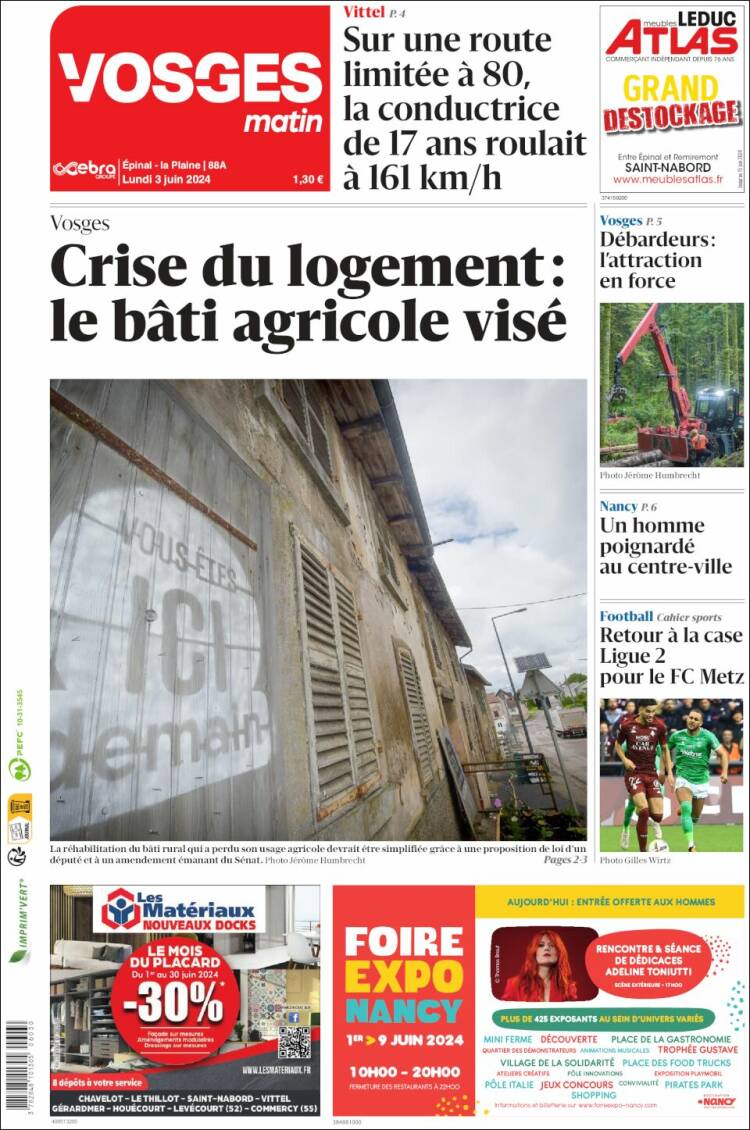 Portada de Vosges Matin (Francia)