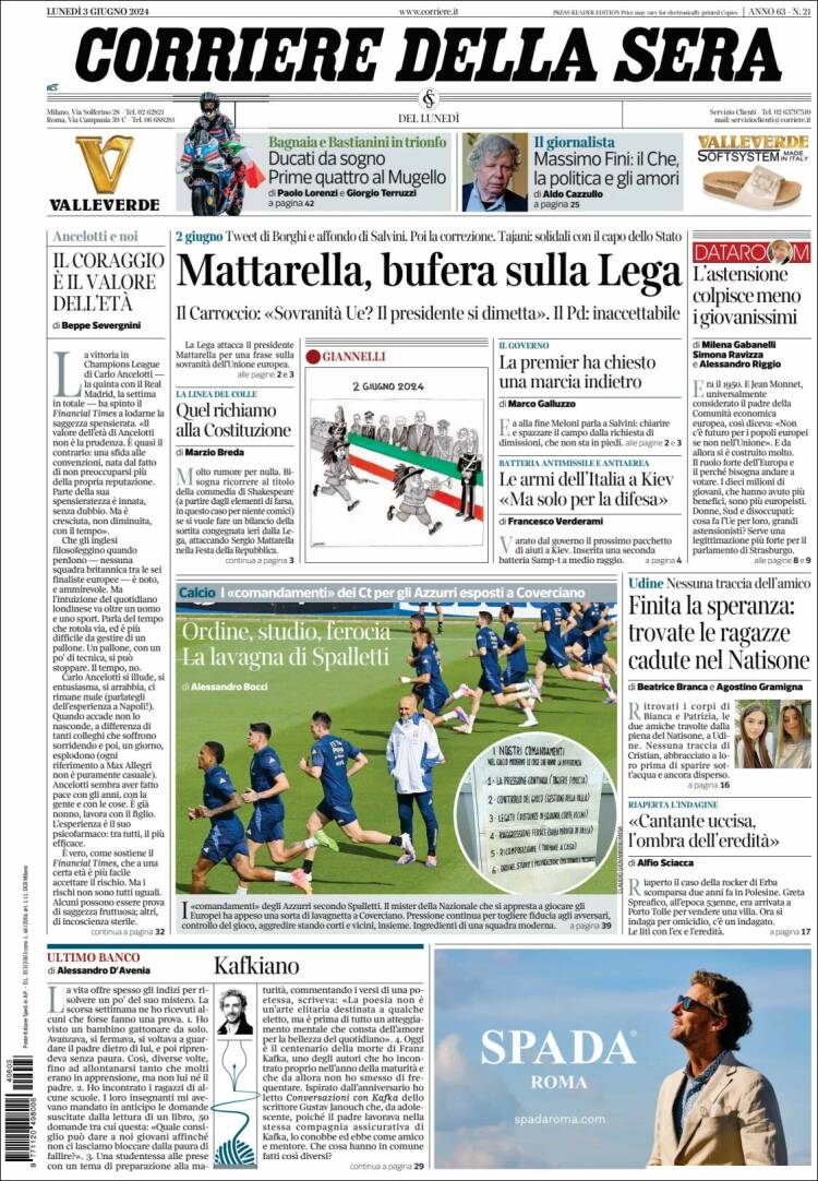 Portada de Corriere della Sera (Italia)