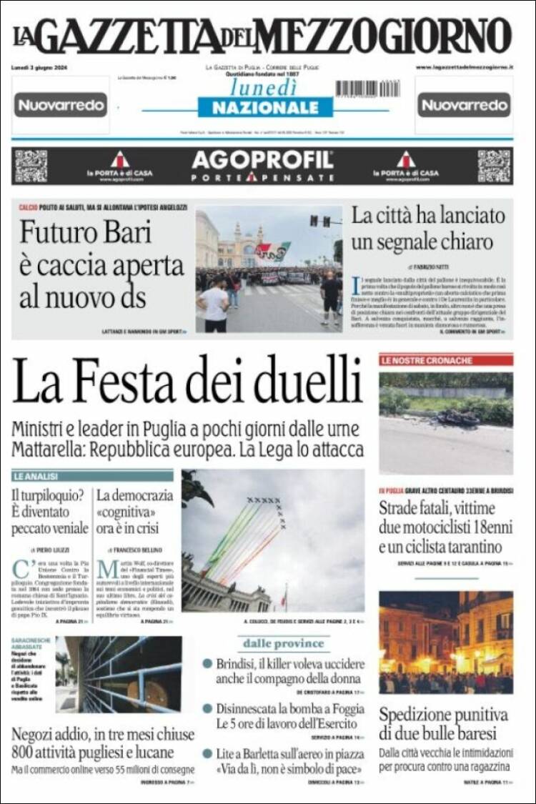 Portada de La Gazzetta del Mezzogiorno (Italia)