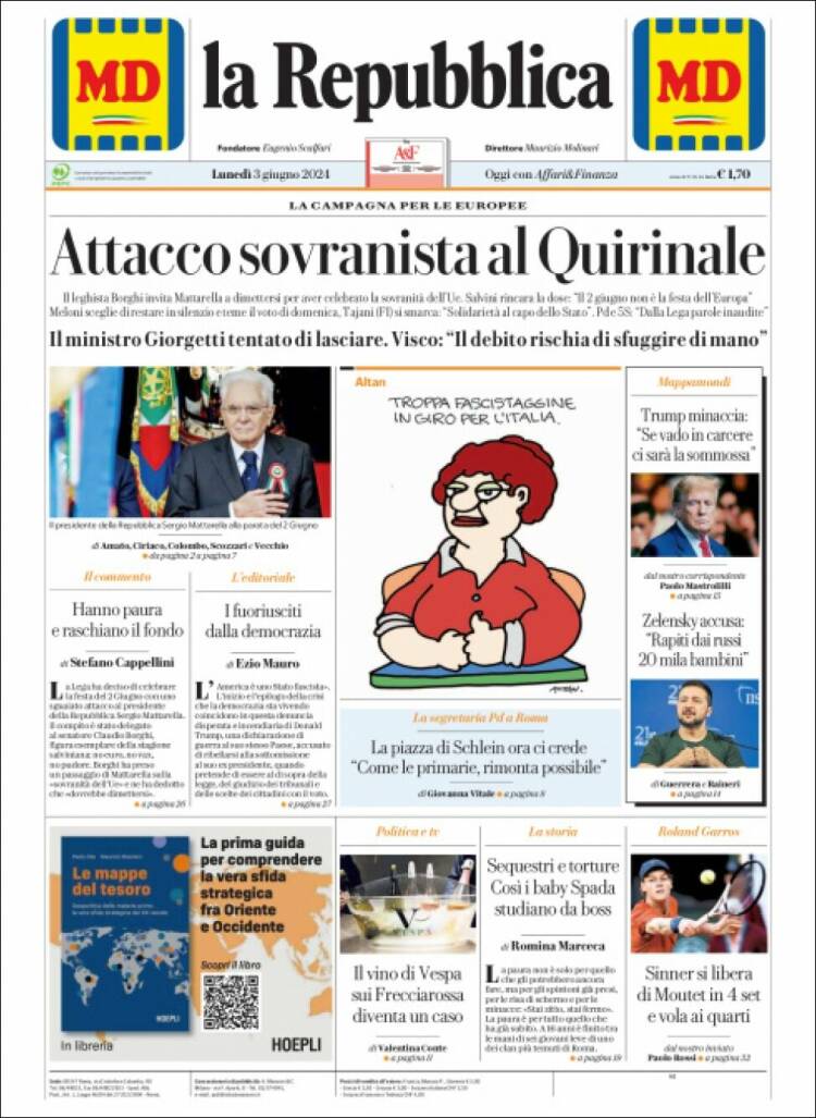 Portada de La Repubblica (Italia)