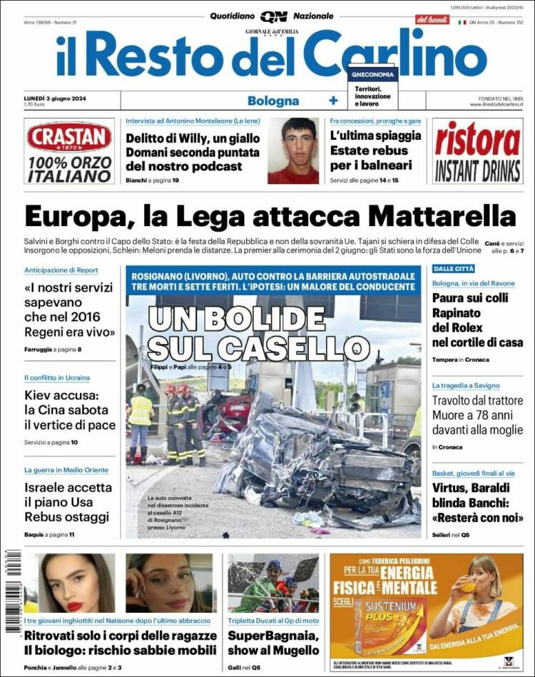 Portada de Il Resto del Carlino (Italia)