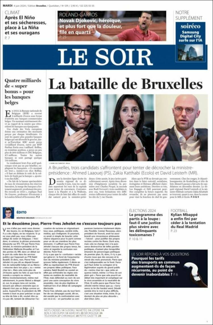 Portada de Le Soir (B&eacute;lgica)