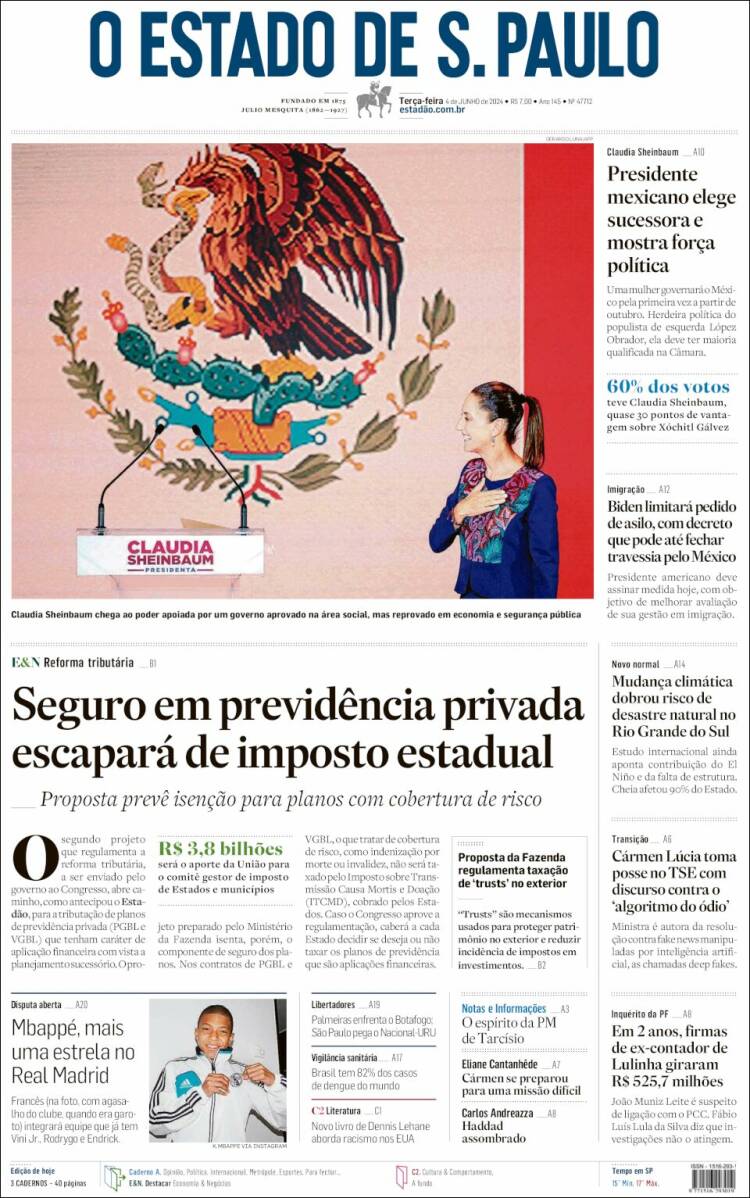 Portada de O Estado de São Paulo (Brasil)