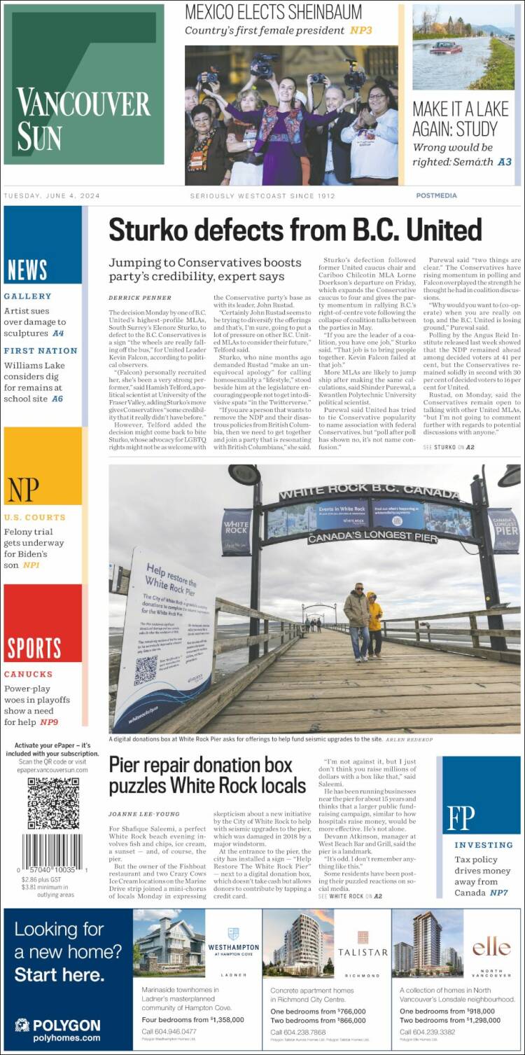 Portada de The Vancouver Sun (Canadá)