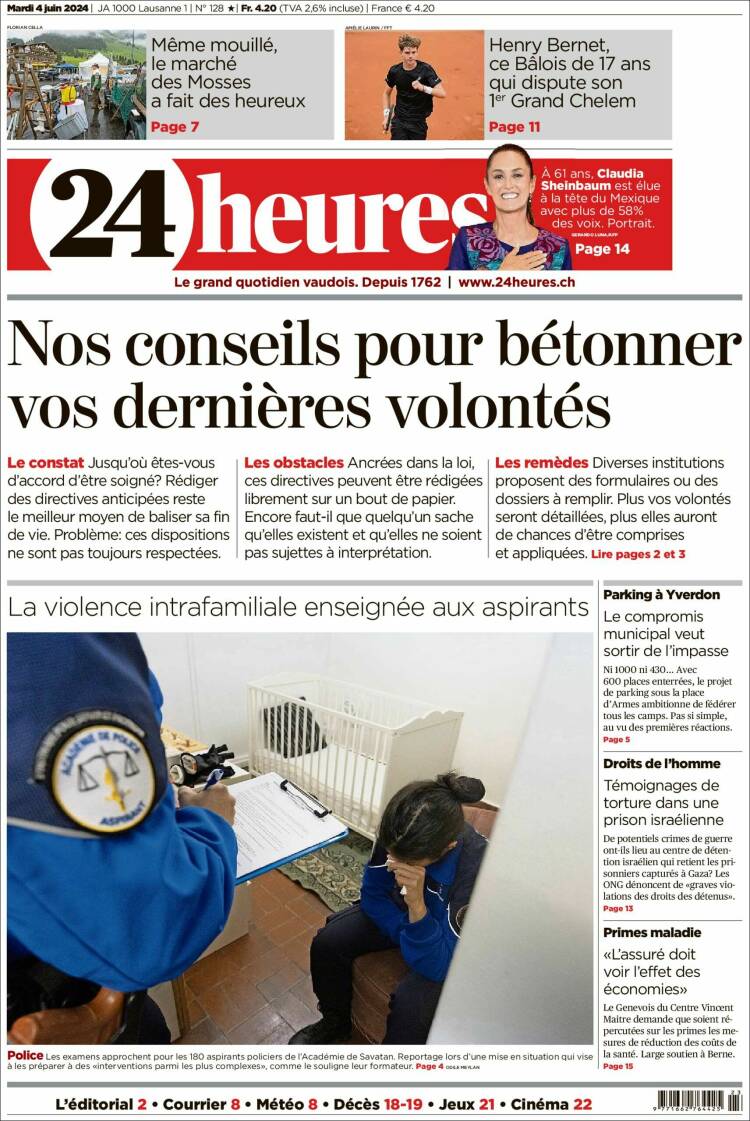 Portada de 24 Heures (Suiza)