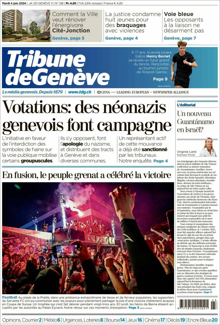 Portada de La Tribune de Genève (Suiza)