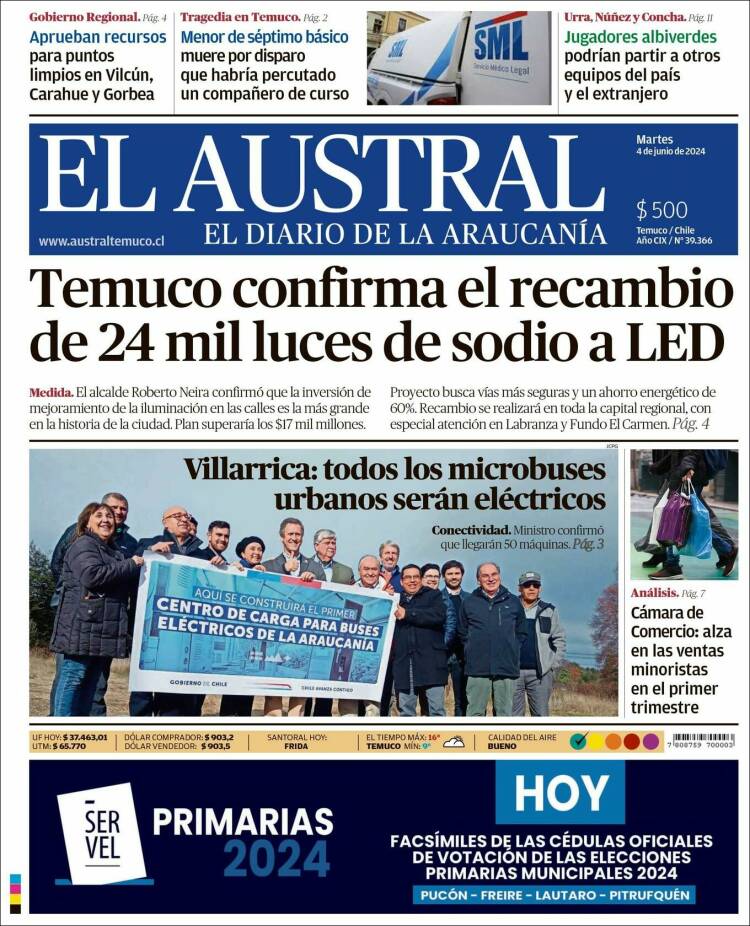 Portada de El Austral de Temuco (Chile)