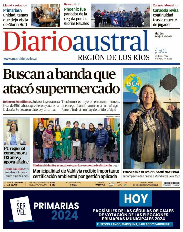 Portada de El Diario Austral de Valdivia (Chile)