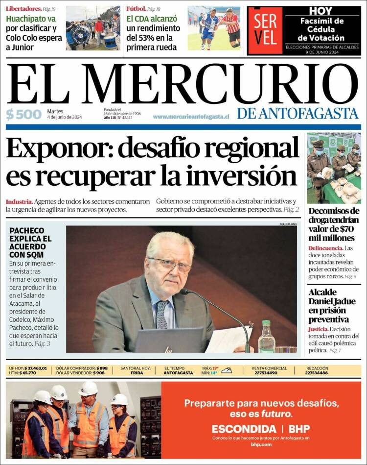 Portada de El Mercurio de Antofagasta (Chile)