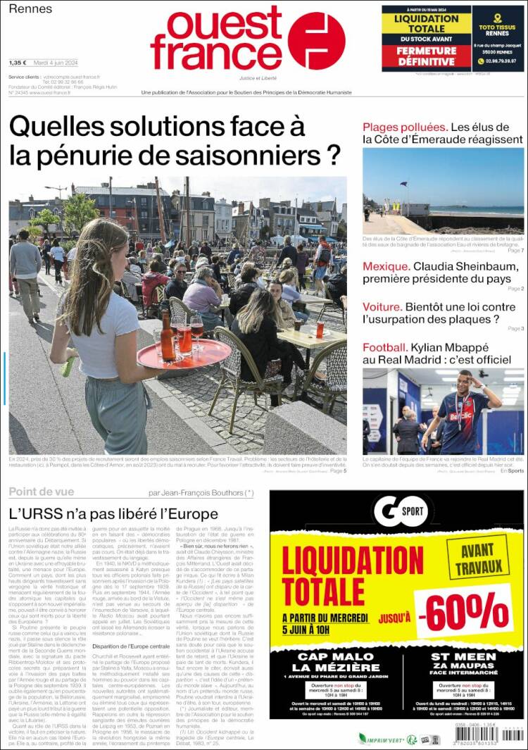 Portada de Ouest France (Francia)