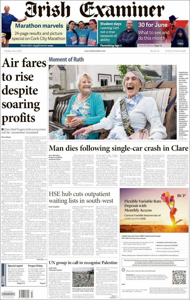 Portada de Irish Examiner (Irlanda)