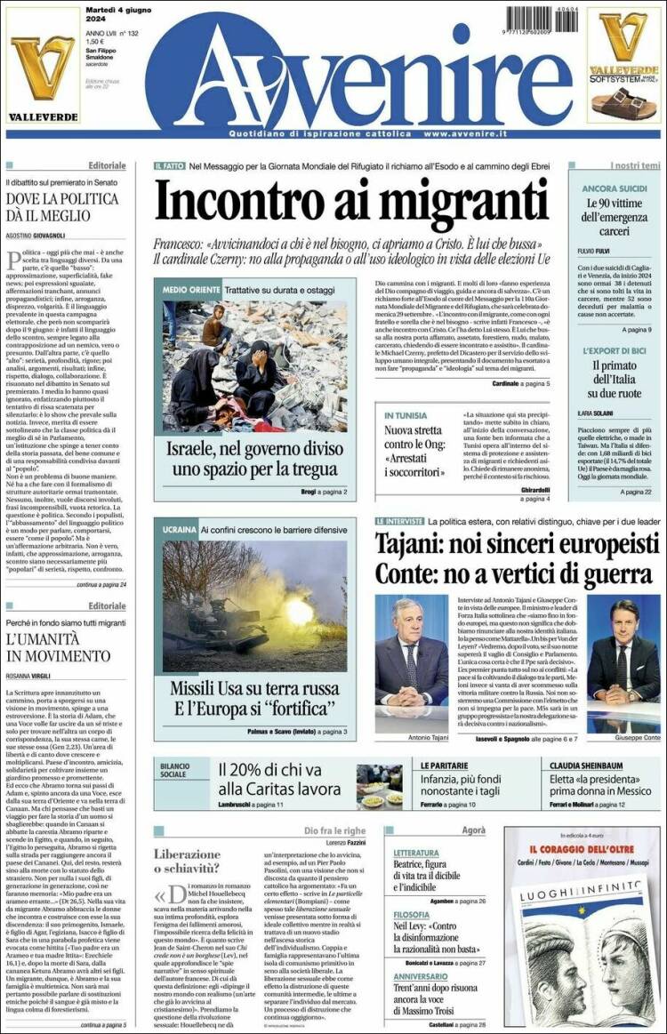Portada de Avvenire (Italia)
