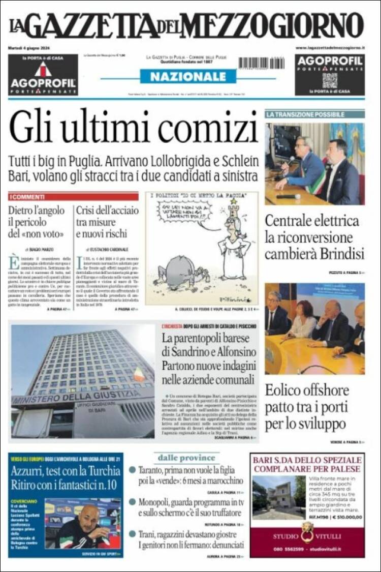 Portada de La Gazzetta del Mezzogiorno (Italia)