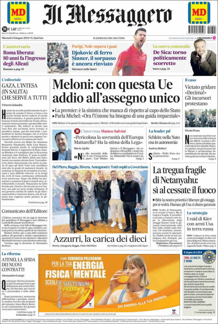 Portada de Il Messaggero (Italia)