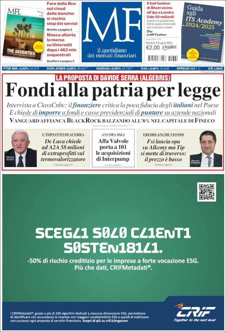 Portada de Milano Finanza (Italia)