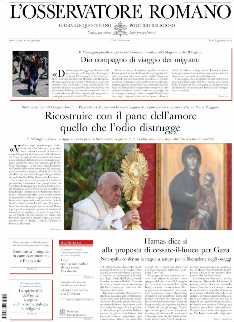 Portada de L'Osservatore Romano (Italia)