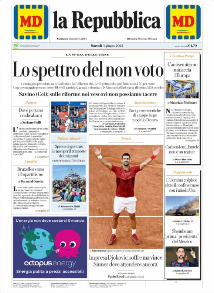 Portada de La Repubblica (Italia)