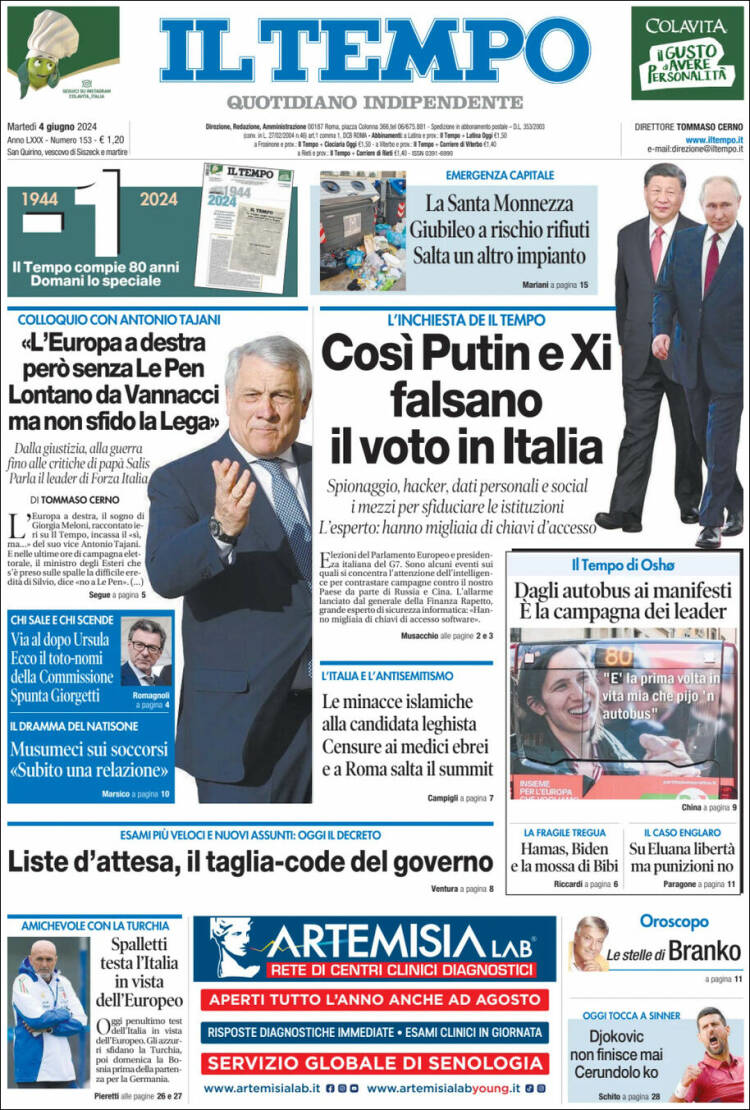 Portada de Il Tempo (Italia)