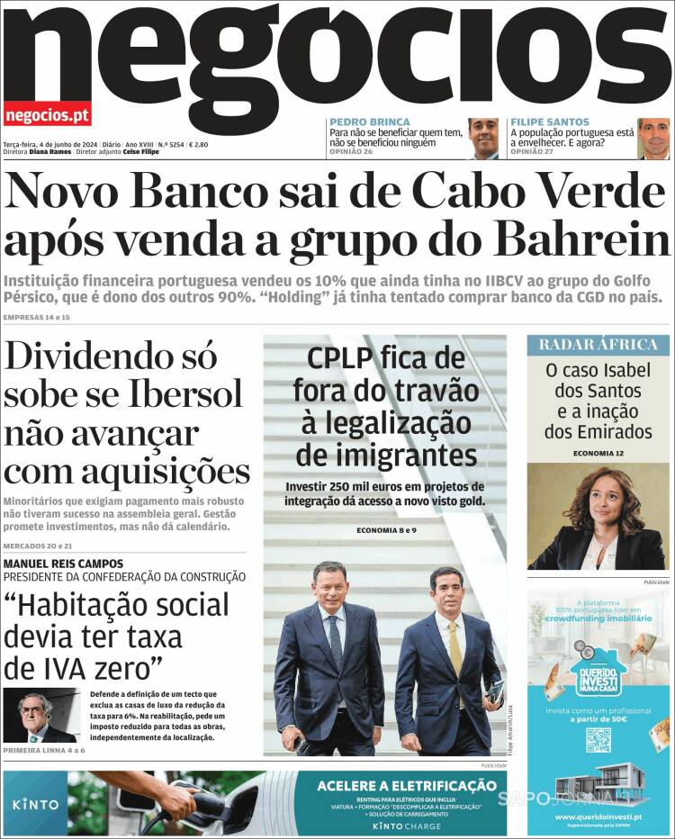 Portada de Jornal de Negócios (Portugal)