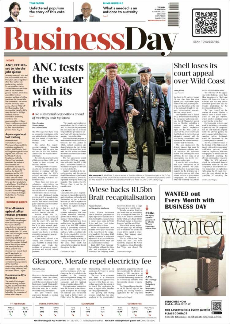 Portada de Business Day (Sud&aacute;frica)