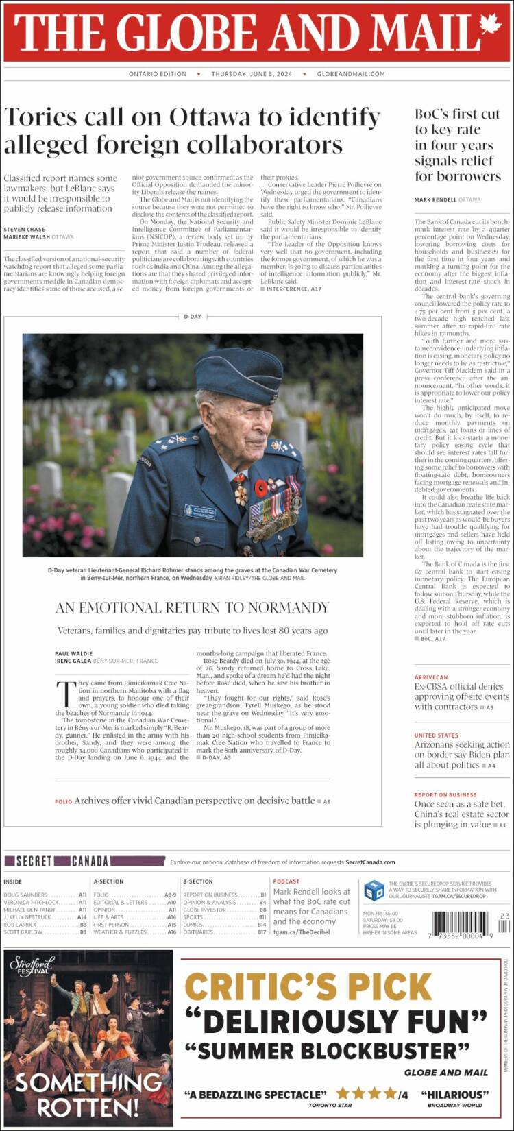 Portada de The Globe and Mail (Canadá)