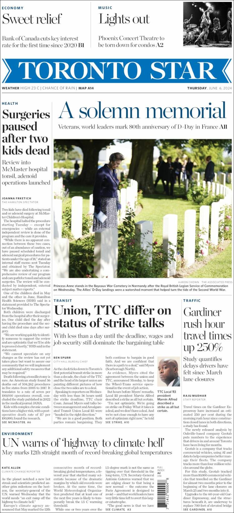 Portada de The Toronto Star (Canadá)