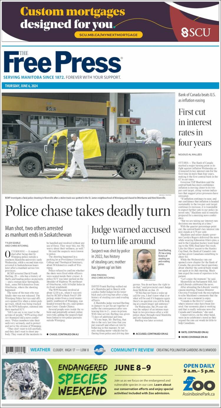 Portada de Winnipeg Free Press (Canadá)