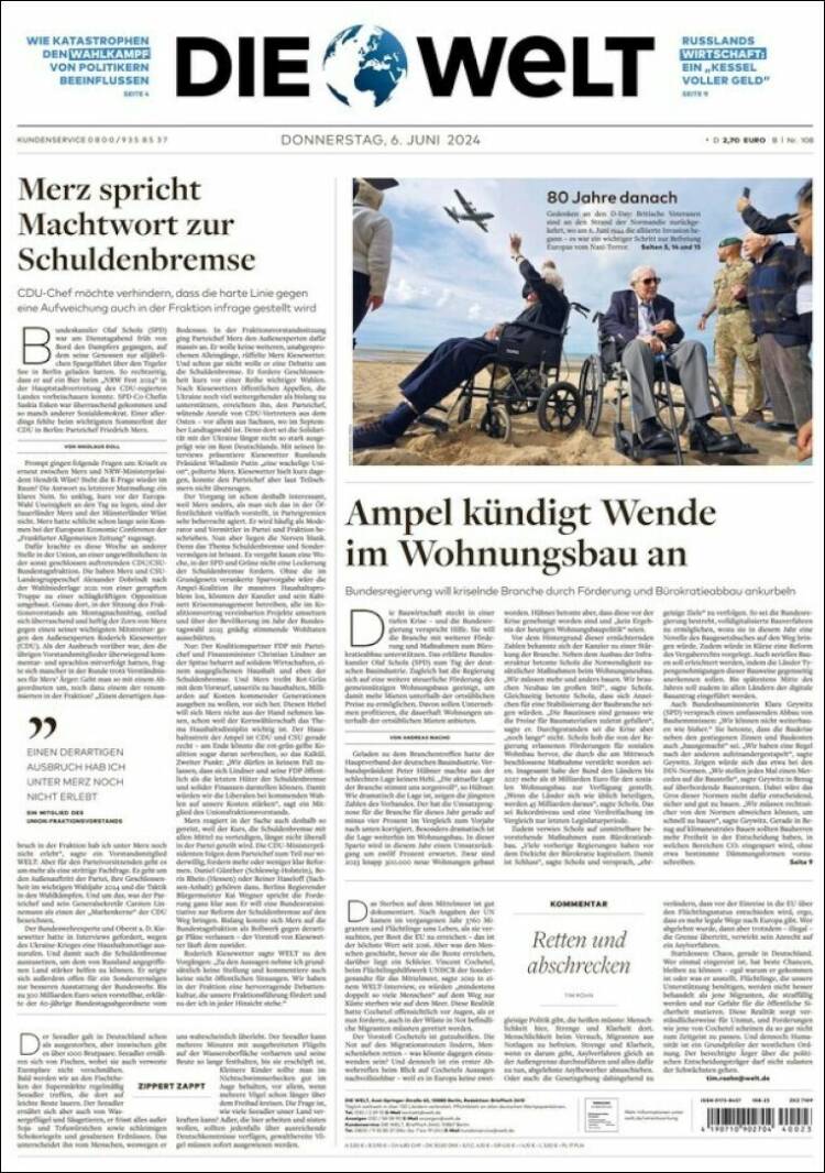 Portada de Die Welt (Alemania)