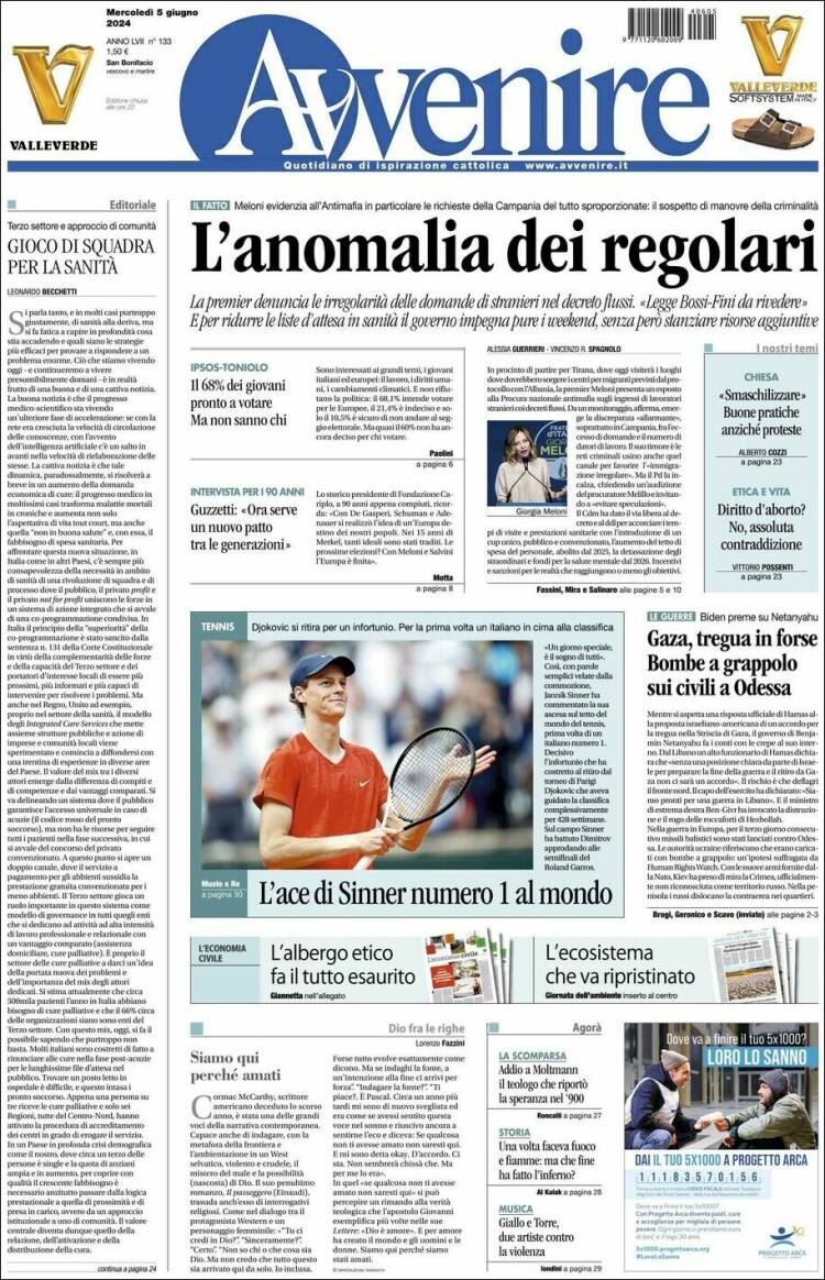 Portada de Avvenire (Italia)