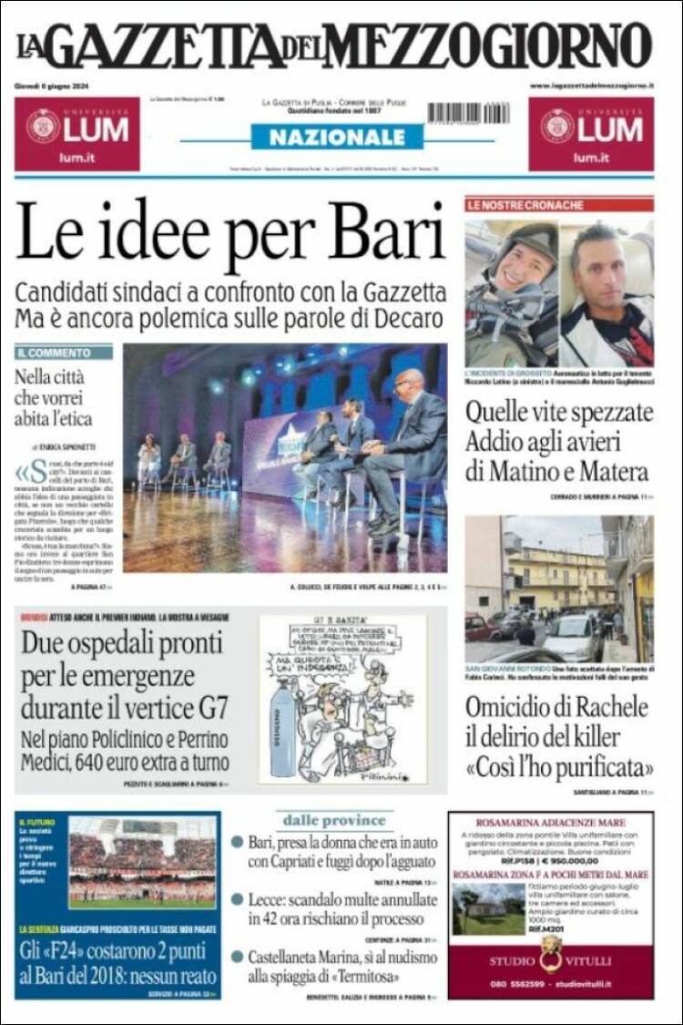 Portada de La Gazzetta del Mezzogiorno (Italia)