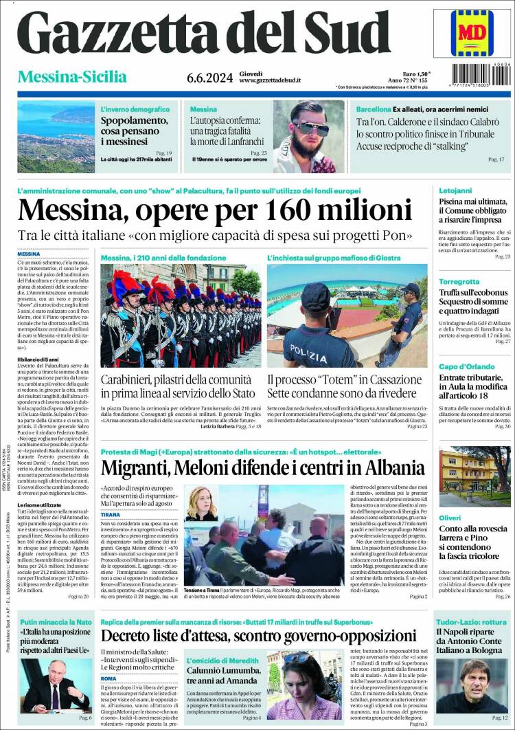 Portada de Gazzetta del Sud (Italia)